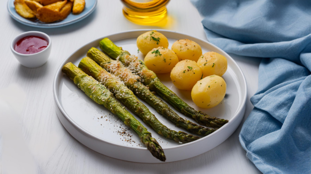 Baked Asparagus with Parmesan and Herb Crust with Herb Potatoes