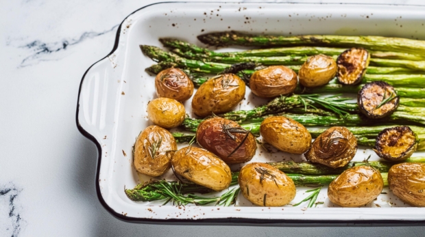 Balsamic Roasted New Potatoes with Asparagus, olive oil, dill, and a rosemary sprig