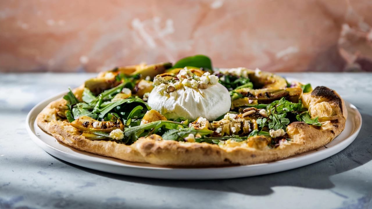 Fresh & Creamy Pizza with Artichokes, Spinach, Arugula, Burrata and Pine Nuts