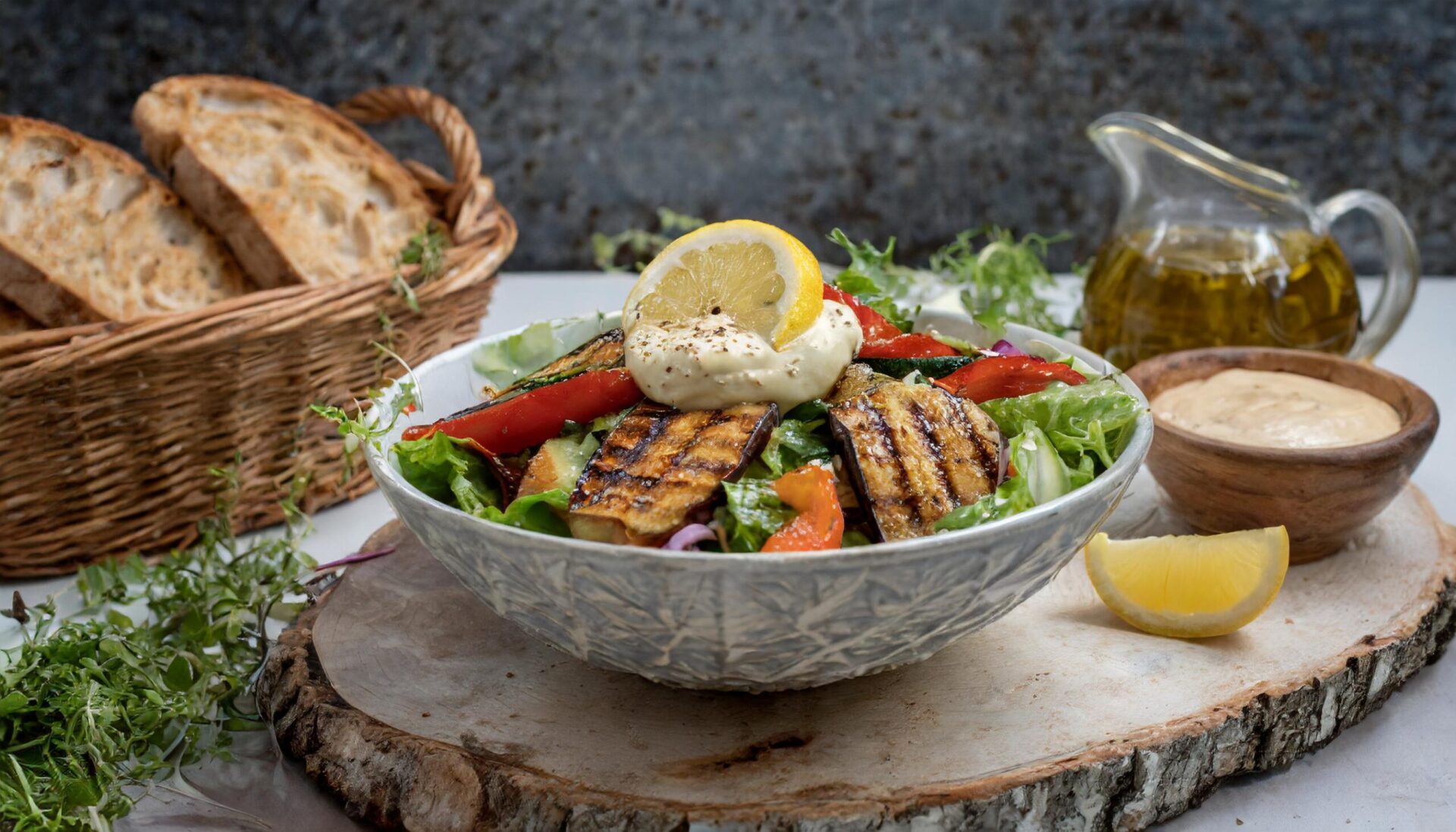 Grilled vegetable salad with lemontahini dressing Veggie Vibes & Vines