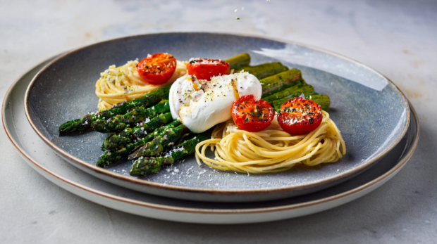 Roasted Green Asparagus with Burrata & Tomatoes 169 1