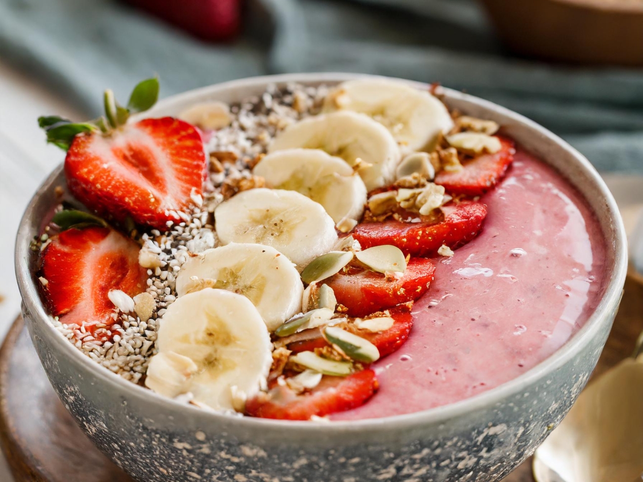 Strawberry and Banana Smoothie Bowl with nuts and seeds