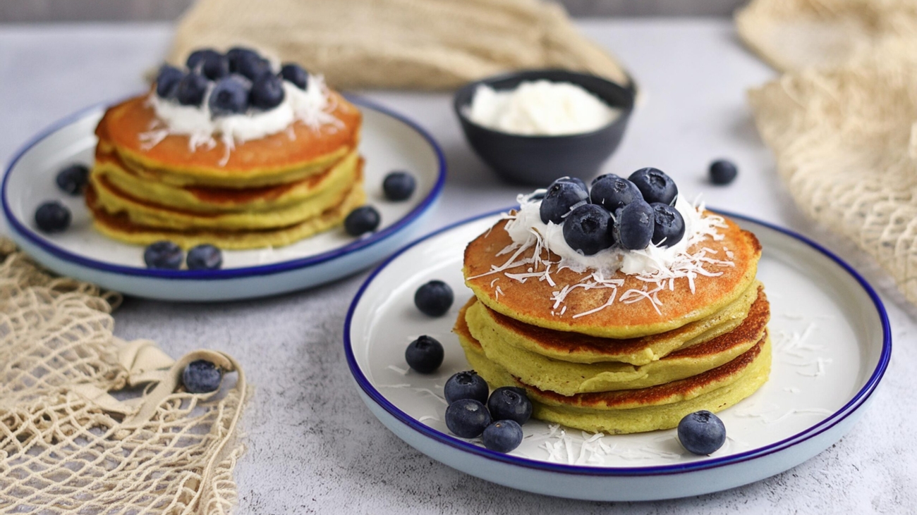 Blueberry Coconut Pancakes with Coconut Whipped Cream Vegan