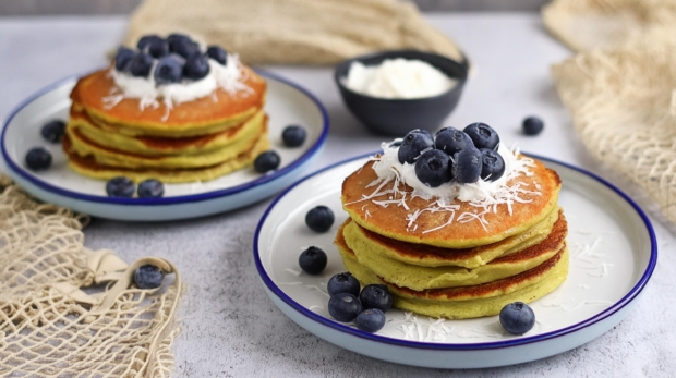 Blueberry Coconut Pancakes with Coconut Whipped Cream Vegan