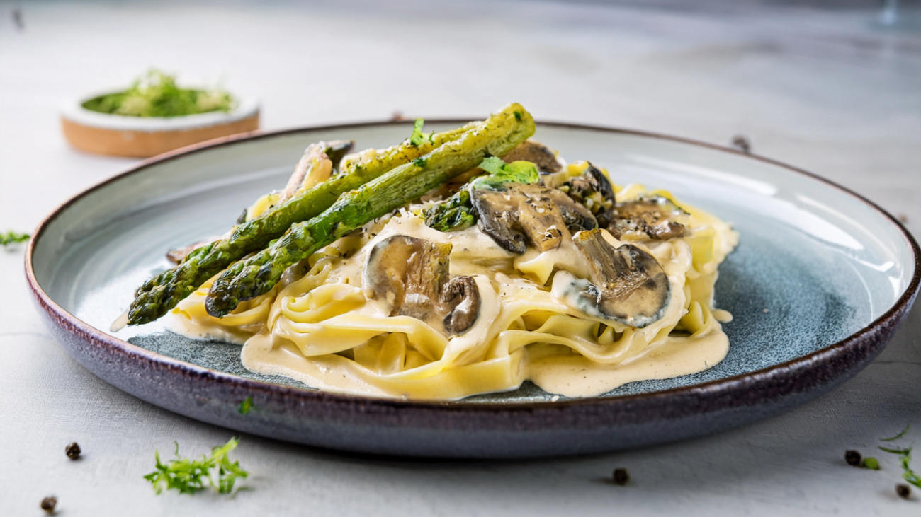 Creamy Asparagus & Mushroom Fettuccine 169 4