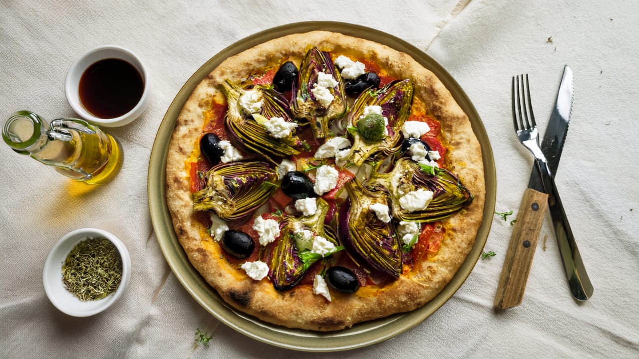 Mediterranean Pizza with Artichokes, Kalamata Olives, Sun-Dried