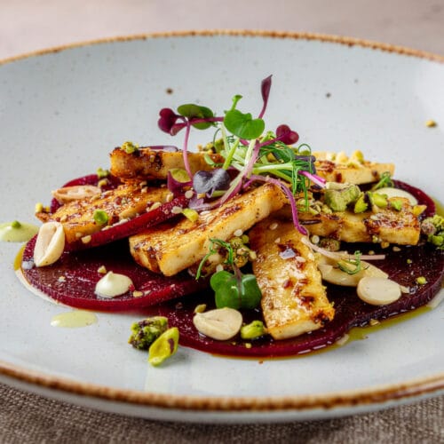 Beetroot Carpaccio with Citrus-Glazed Tempeh (Vegan) 169 3