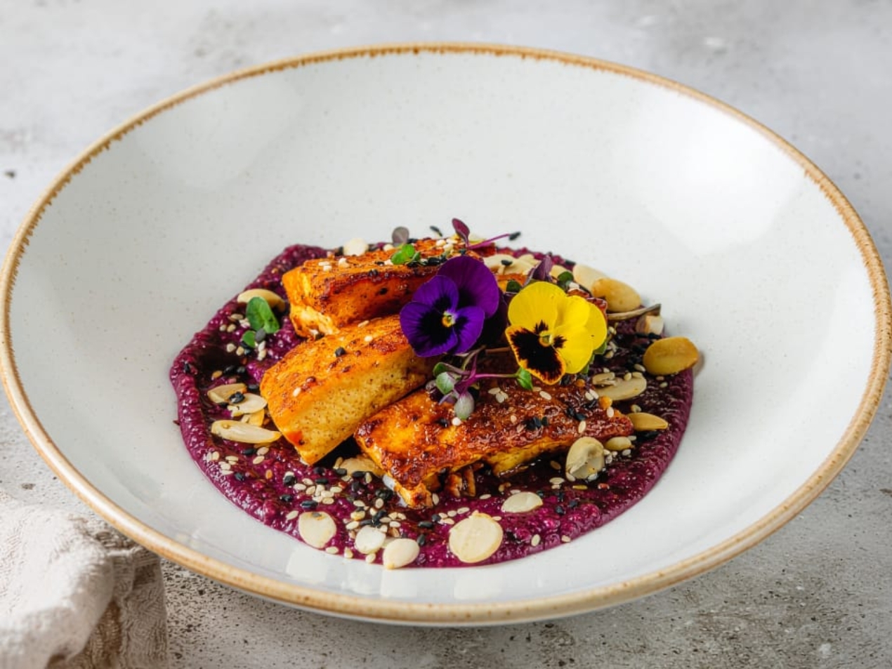 Crispy Tempeh on Purple Sweet Potato Purée 169 1