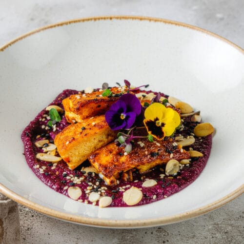 Crispy Tempeh on Purple Sweet Potato Purée 169 1