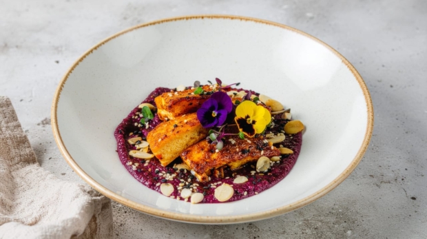 Crispy Tempeh on Purple Sweet Potato Purée 169 1