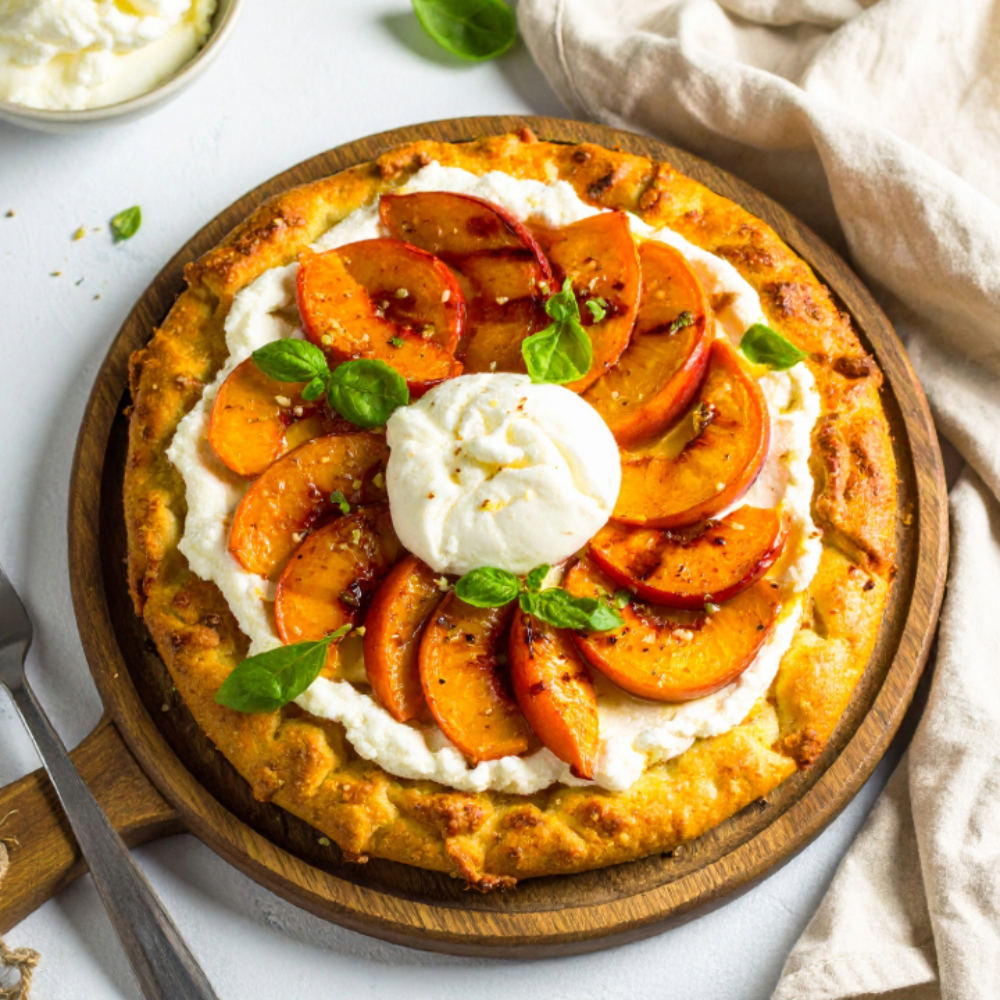 Pan-Fried Pizza with Peaches & Burrata 169 1