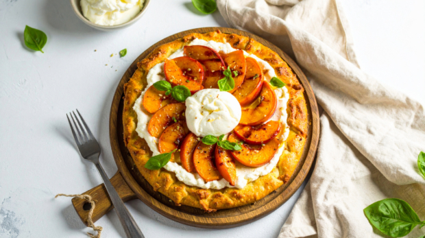 Pan-Fried Pizza with Peaches & Burrata 169 1